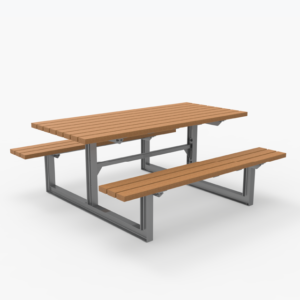 A rectangular outdoor picnic table with metal frame and wooden slats for the tabletop and attached benches on both sides.