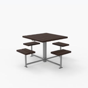 Square outdoor picnic table with four attached benches, featuring a metal frame and dark wooden slats, isolated on a plain white background.