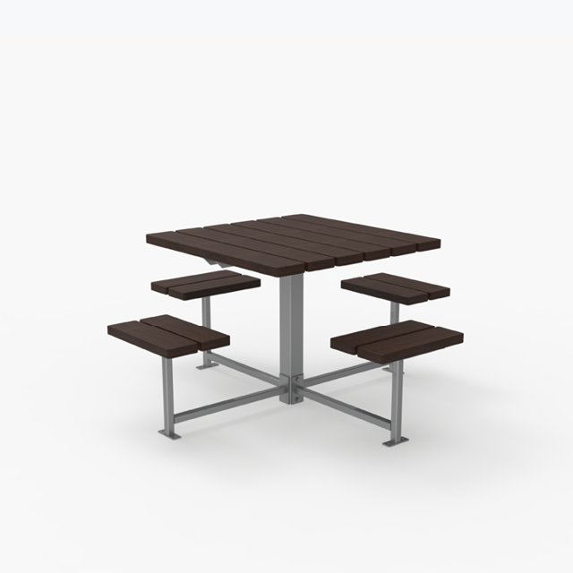 Square outdoor picnic table with four attached benches, featuring a metal frame and dark wooden slats, isolated on a plain white background.