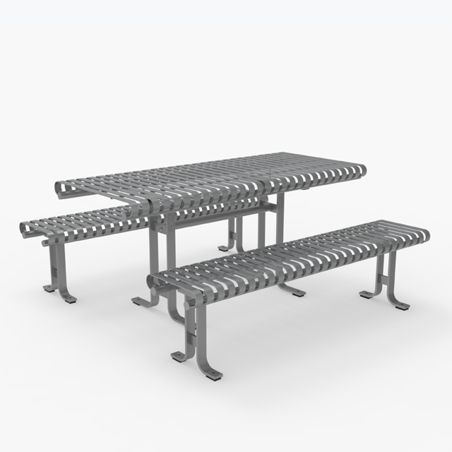 Une table de pique-nique en métal avec deux bancs assortis, tous dotés d'un design à lattes et de pieds courbés, sur un fond blanc uni.