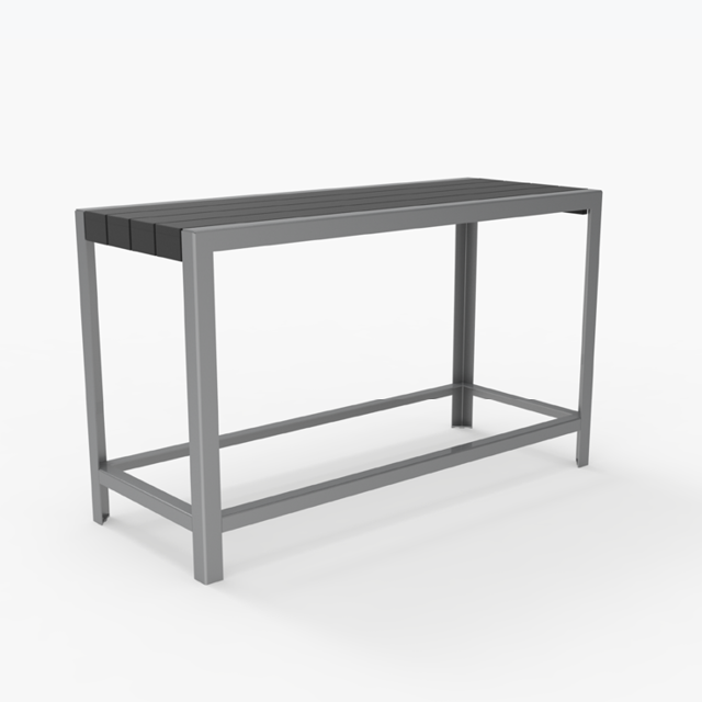 A rectangular metal table with a slatted top and open frame legs, shown on a plain white background.