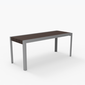 A rectangular table with a dark wooden top and metal legs, set against a plain white background.