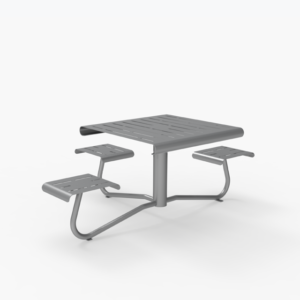A metal square picnic table with four attached benches, all supported by a central pedestal base, against a plain white background.