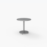 A small, round, gray metal table with a single central support and a circular base, placed against a plain white background.