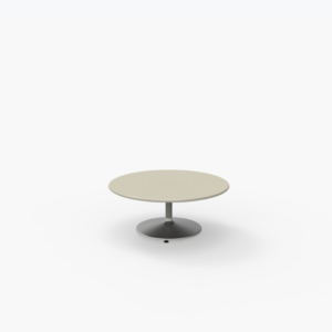 A round table with a beige top and a single central black pedestal base, set against a plain white background.