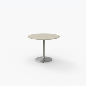 A round, light-colored table with a single metal pedestal base stands on a white background.