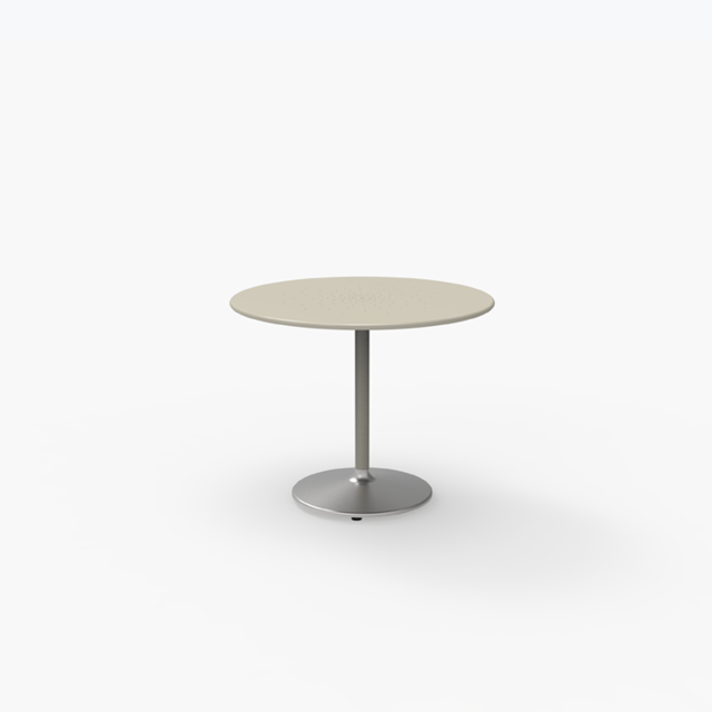 Un plateau de table rond, beige, avec un socle métallique unique, sur un fond blanc uni.