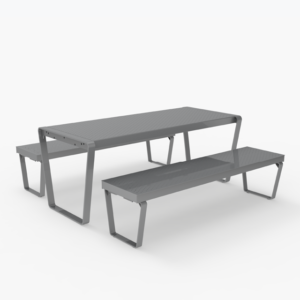 Rectangular metal picnic table with two matching benches, all featuring perforated surfaces and angled legs, shown on a plain white background.