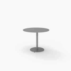A round, gray metal table with a single central pedestal base on a plain white background.