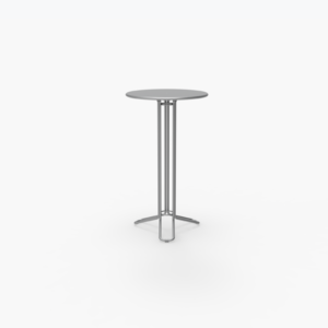 A round, metal, high-top table with a single central support and a three-pronged base, placed against a plain white background.