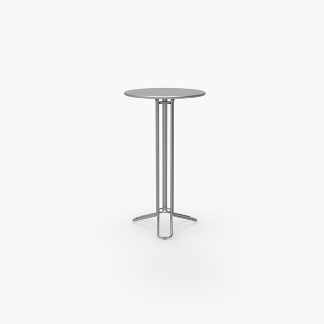 A round, metal, high-top table with a single central support and a three-pronged base, placed against a plain white background.