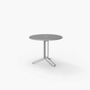 A round, gray metal table with a central support and three-legged base, set against a plain white background.
