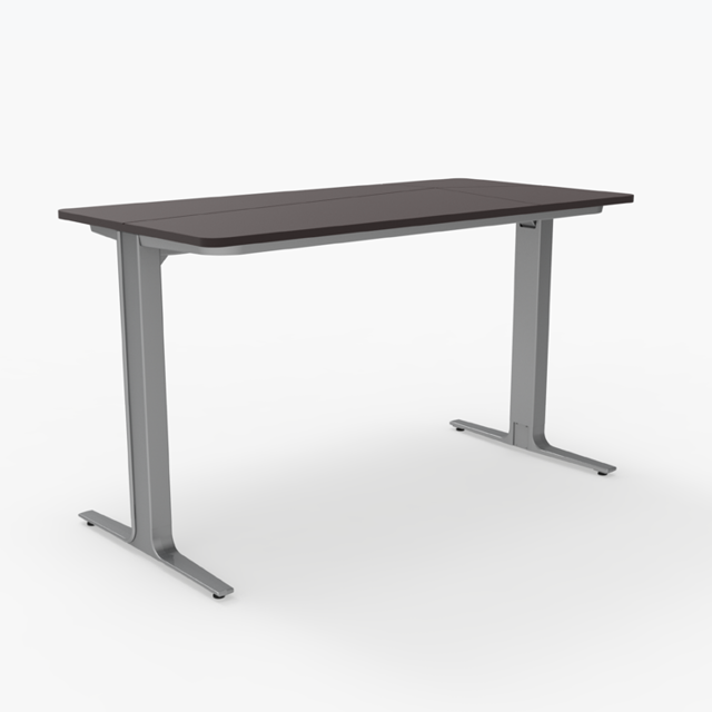 A rectangular table with a dark brown top and silver metal legs, shown against a plain white background.