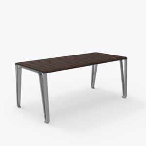 A rectangular bench with a slatted dark brown wooden seat and four angled metal legs on a white background.