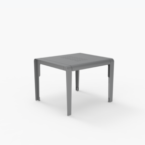 A simple, square, gray plastic table with four straight legs and a flat top, set against a plain white background.