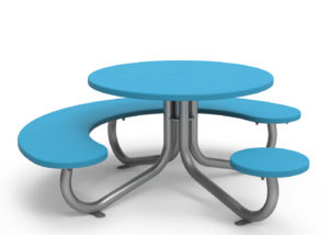 Round table with three attached curved blue seats and metal legs, designed for group seating.
