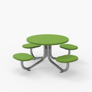 Une table ronde verte avec quatre sièges verts attachés sur un cadre métallique, disposés de manière symétrique, sur un fond blanc.