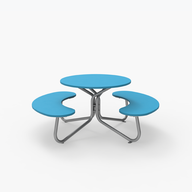 Round picnic table with two curved blue benches and a metal frame, set against a plain white background.