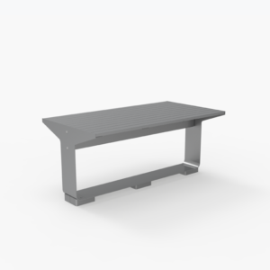 Rectangular metal bench with a minimalist, modern design, featuring a flat slatted seat and angular legs, set against a plain white background.