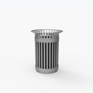 A metal outdoor trash can with vertical slats and a flared top, placed on a plain white background.
