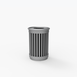 A cylindrical metal trash can with vertical slats and a round opening on top, placed against a plain white background.