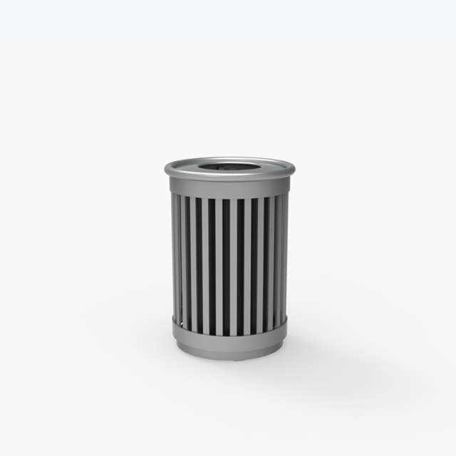 A cylindrical metal trash can with vertical slats and a round opening on top, placed against a plain white background.