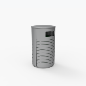 A gray cylindrical metal trash can with a side opening and horizontal slits is shown on a plain white background.