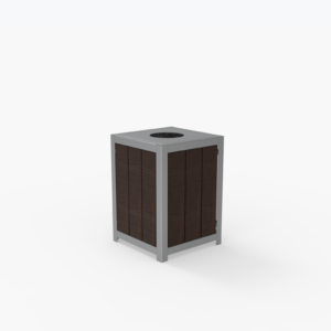 A square outdoor trash bin with dark wooden panels and a silver metal frame, featuring an open circular hole on top.