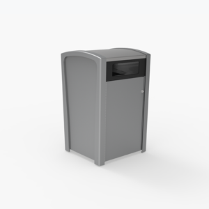 A gray, rectangular outdoor trash bin with a black opening slot on the upper front panel, placed on a white background.
