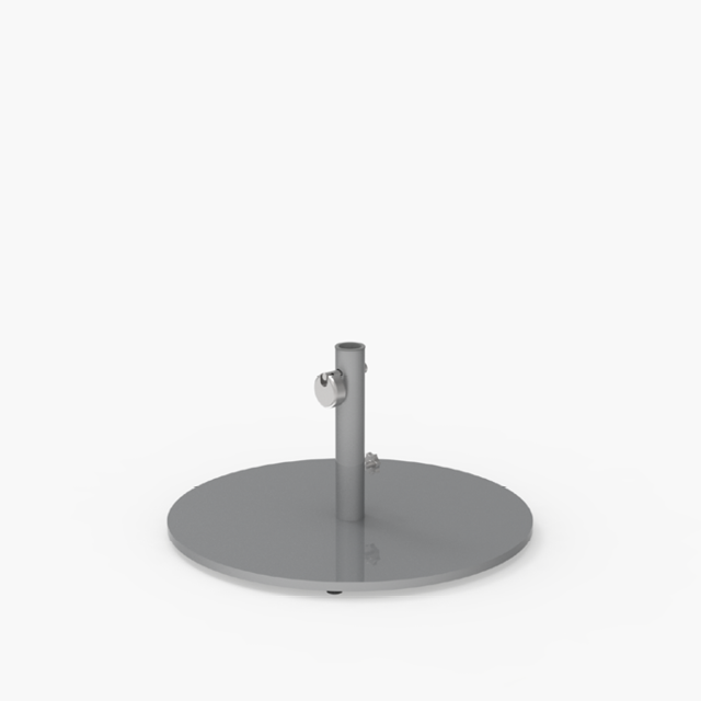 Pied de parapluie en métal gris avec un fond rond et plat et un support de mât vertical au centre, avec des boutons de réglage pour fixer le parapluie.