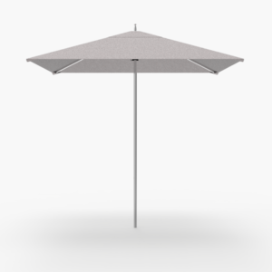 A large, gray, square outdoor umbrella with a central pole and a simple, modern design, set against a plain white background.