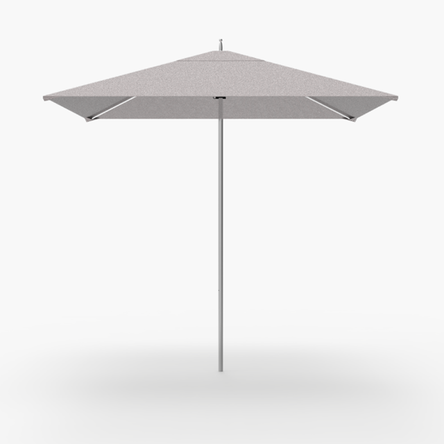 A large, gray, square outdoor umbrella with a central pole and a simple, modern design, set against a plain white background.
