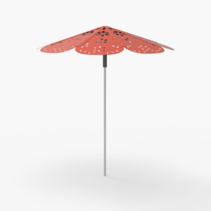 A red, flower-shaped outdoor umbrella with patterned cutouts and a slender central pole, set against a plain white background.