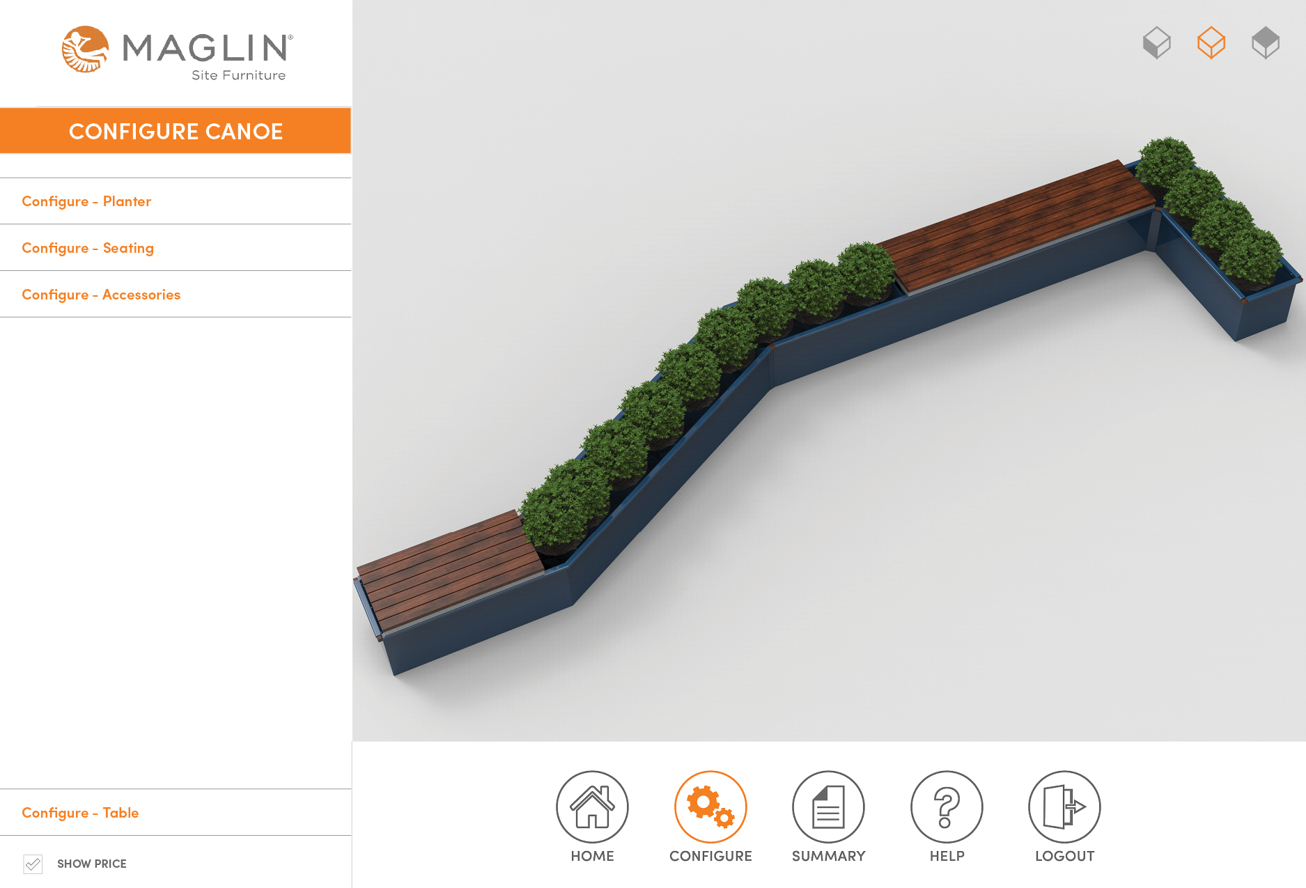 A modular outdoor bench with integrated planters, featuring wooden seating surfaces and green shrubs in a zigzag arrangement.