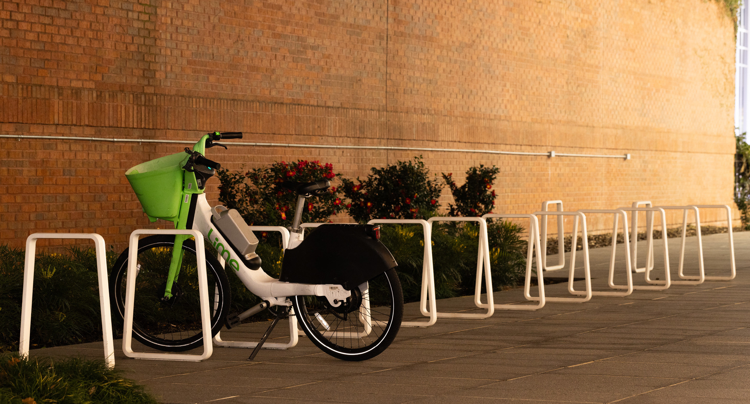 maglin-collections-iconic_gallery7 A single white and green bike is parked in a mostly empty bike rack along a sidewalk next to a brick wall with some bushes.