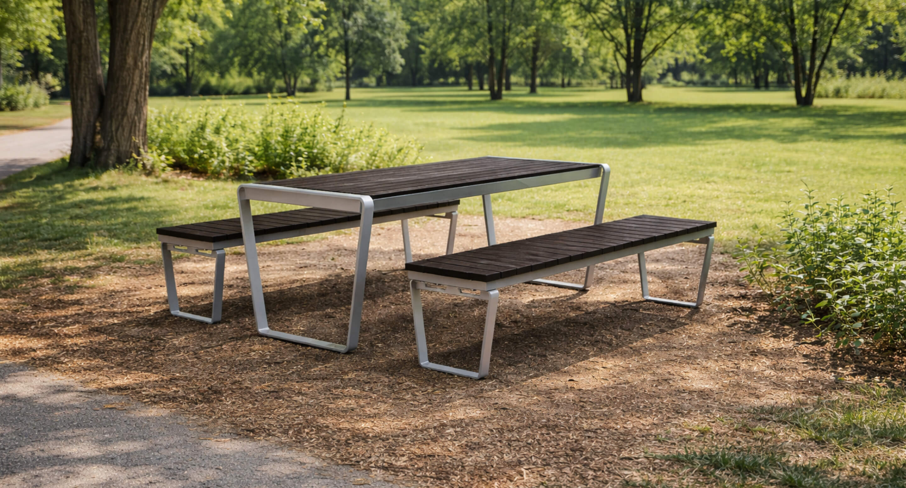 maglin-ogden-harvest-table-benches The Ogden Harvest Table with two benches is set on mulch in a park, surrounded by grass and trees.