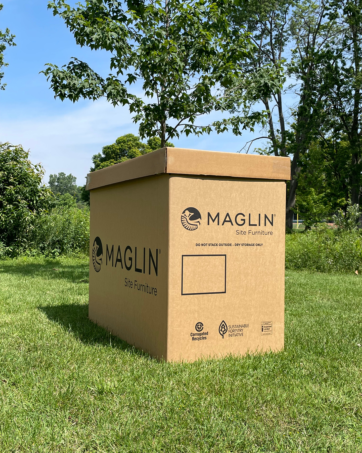 Maglin Kraft Box on grass with trees and blue sky