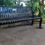 A black metal bench sits on a paved area next to stone edging and surrounded by lush green plants.