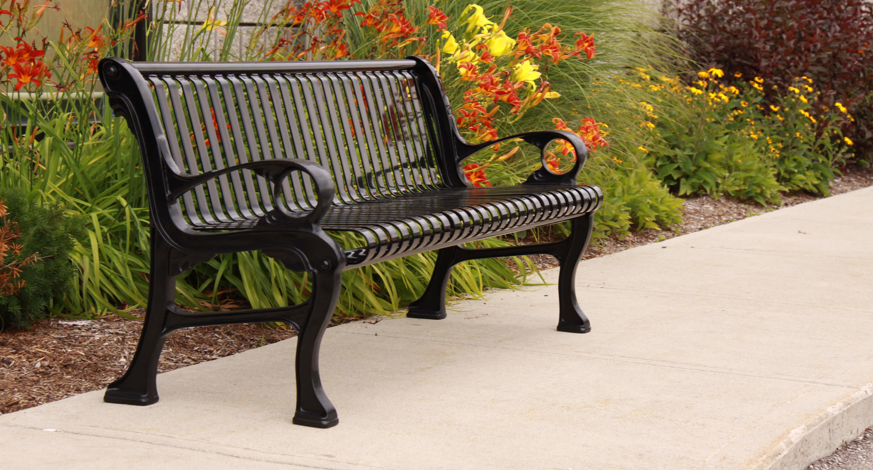 maglin_mbe-0310-backed-bench_1 A black metal bench sits on a concrete sidewalk next to a planted area with green leaves and orange and yellow flowers.