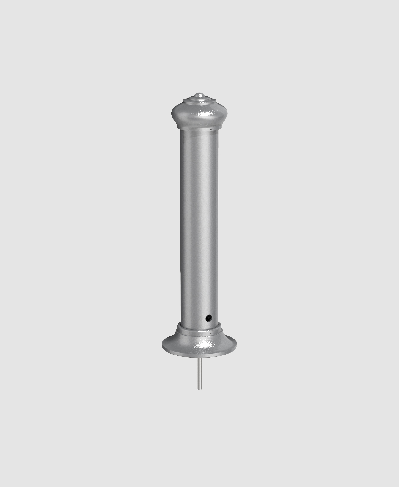 La borne 100 est un objet métallique cylindrique avec un sommet arrondi, une base plate et une tige verticale s'étendant à partir du bas, représentée sur un fond clair.