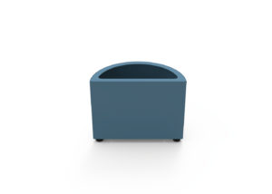 Front view of a blue, semi-circular upholstered bench with short black legs against a white background.