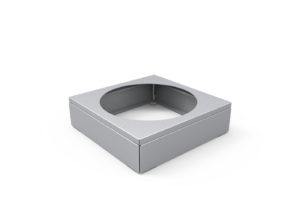 Square metallic frame with a large circular cutout in the center, placed on a white background.