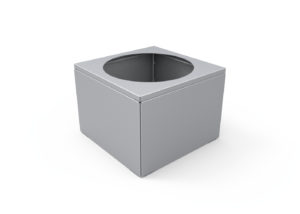 A silver metallic cube with a large circular opening on the top surface, shown on a plain white background.