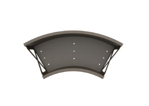 Curved metal shelf with a flat surface, featuring six visible screw holes and black support brackets on each side, photographed against a white background.