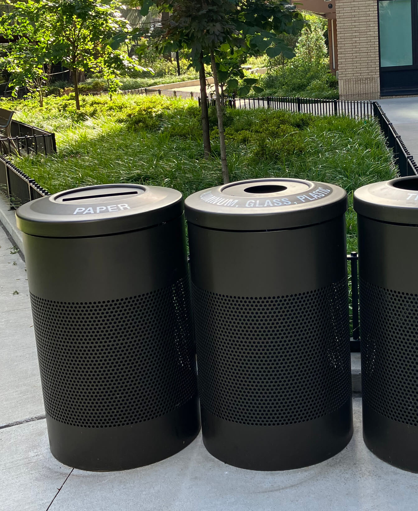 Three 600 Recycle Receptacles in black, labeled for paper, aluminum/glass/plastic, and trash, are placed outdoors on a sidewalk near greenery and a building.