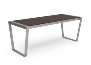 A modern rectangular table with a dark wooden top and silver metal frame, set against a plain white background.