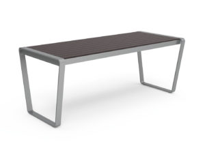 A modern rectangular bench with a metal frame and dark wooden slats, shown on a white background.