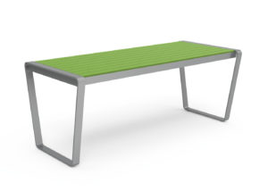 A modern rectangular bench with a green slatted seat and silver metal frame, set against a white background.