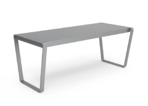 A modern, rectangular gray metal table with angled legs, shown on a white background.
