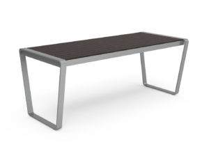 A rectangular table with a dark wooden top and a modern, silver metal frame, shown on a white background.